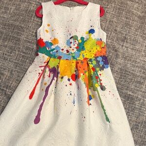 Girls White Dress with Multicolor Paint-Splash Print. Size 4 but runs large